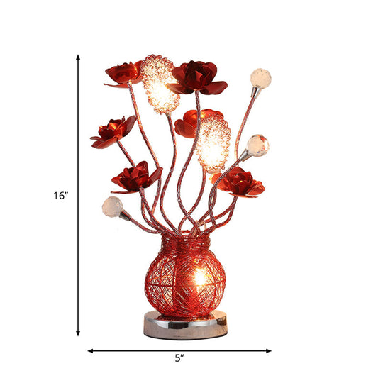 Red Led Flower Lamp With Entwining Metal Branch And Jar Base - Nightstand Décor Table Lighting