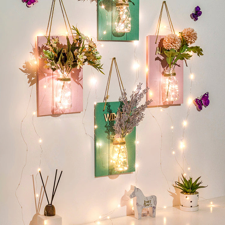 Cafe Rustic Floral Wall String Lights With Clear Glass Shades And Pink Backplate For Twinkling