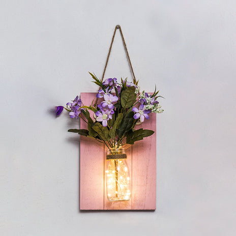 Cafe Rustic Floral Wall String Lights With Clear Glass Shades And Pink Backplate For Twinkling
