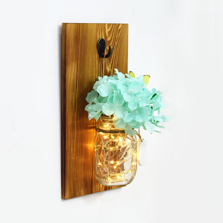 Contemporary Flower Wall Sconce With Glass Jar Shade And String Lights For Cafe Restaurant -