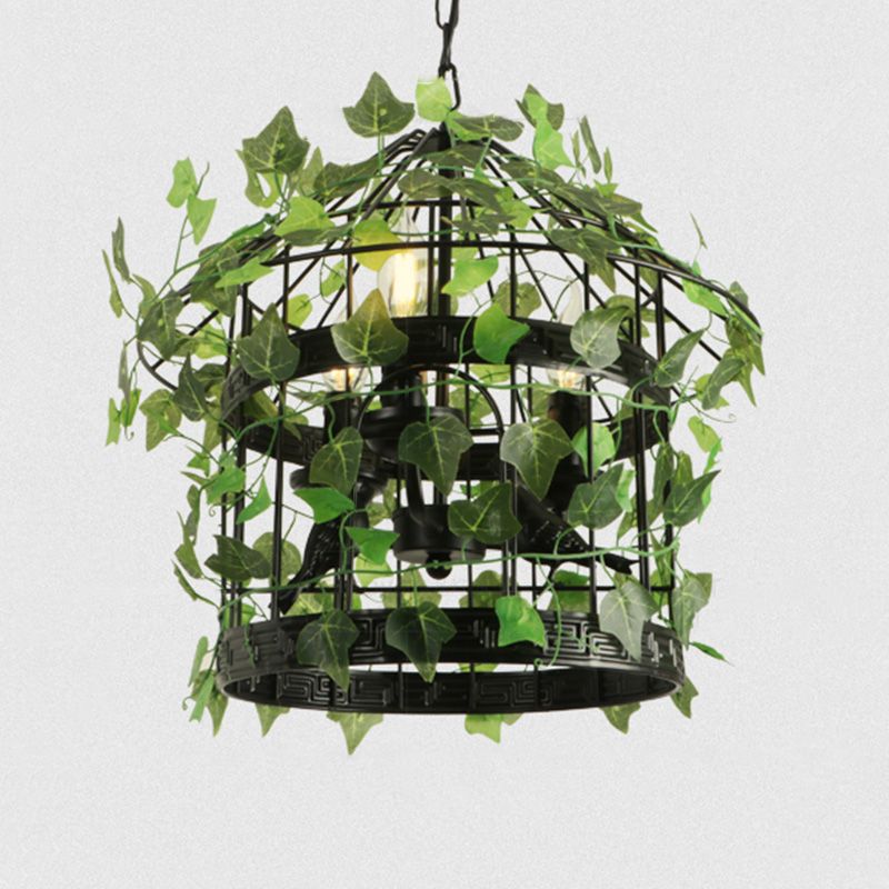 Iron Industrial Chandelier With Greenery And Cage - 3 Light Pendant For Restaurants Green / 12
