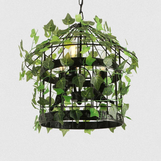 Iron Industrial Chandelier With Greenery And Cage - 3 Light Pendant For Restaurants Green / 12