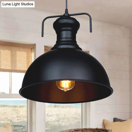 13/16 W Warehouse Dome Hanging Ceiling Light - 1 Metal Pendant In Black For Dining Room / 13