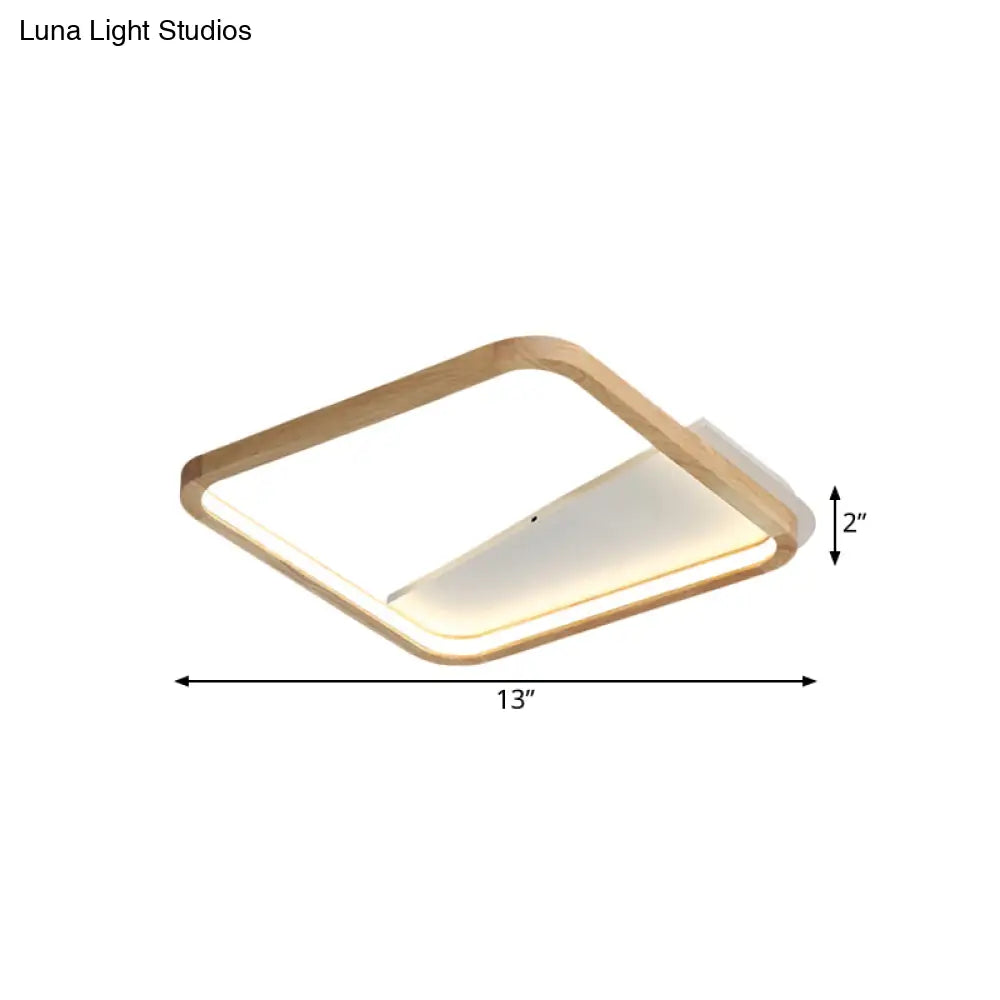 13/17 Wide Beige Flush Mount Led Ceiling Light With Wood Frame - Simple Bedroom Fixture