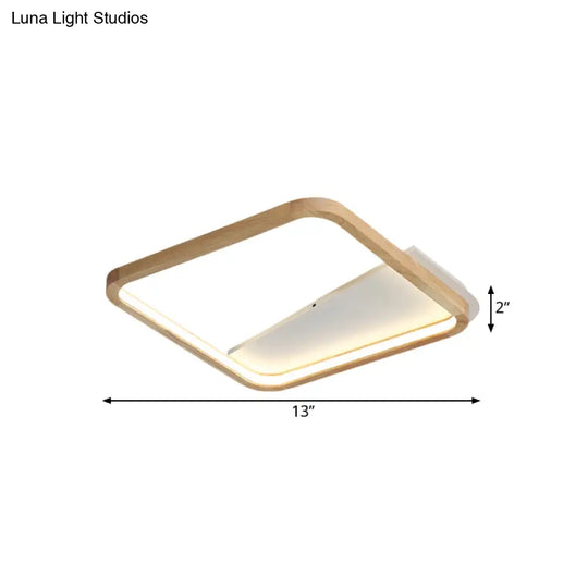 13/17 Wide Beige Flush Mount Led Ceiling Light With Wood Frame - Simple Bedroom Fixture