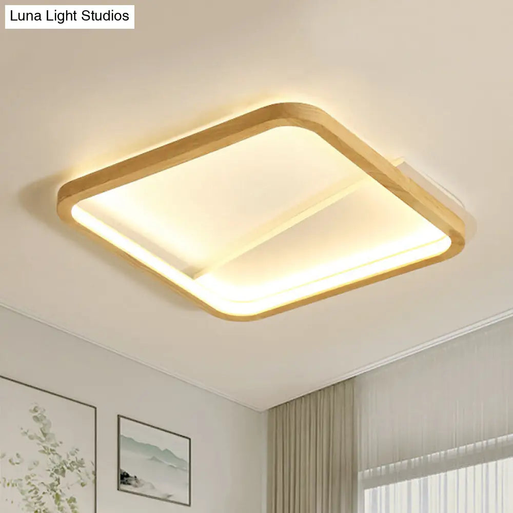 13/17 Wide Beige Flush Mount Led Ceiling Light With Wood Frame - Simple Bedroom Fixture / 13