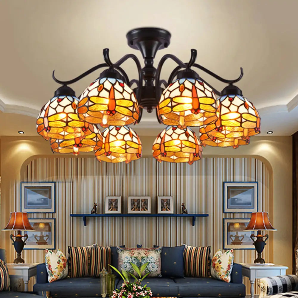 13’/19.5’ Dragonfly Semi-Flush Mount Ceiling Light Fixture With Cut Glass Mediterranean Design