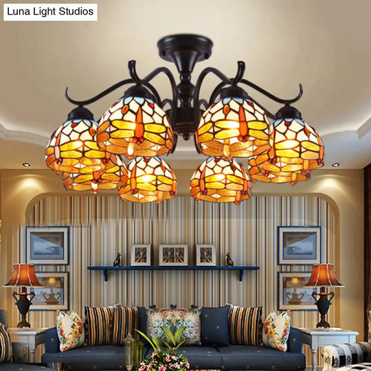 13/19.5 Dragonfly Semi-Flush Mount Ceiling Light Fixture With Cut Glass Mediterranean Design In