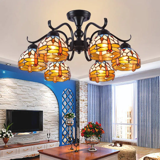 13’/19.5’ Dragonfly Semi-Flush Mount Ceiling Light Fixture With Cut Glass Mediterranean Design