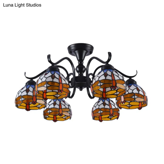 13’/19.5’ Dragonfly Semi-Flush Mount Ceiling Light Fixture With Cut Glass Mediterranean Design