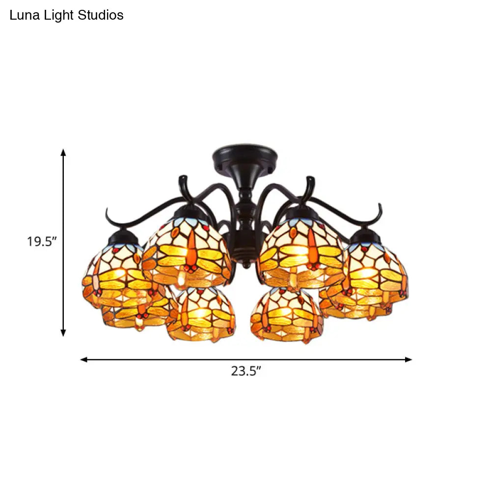 13/19.5 Dragonfly Semi-Flush Mount Ceiling Light Fixture With Cut Glass Mediterranean Design In