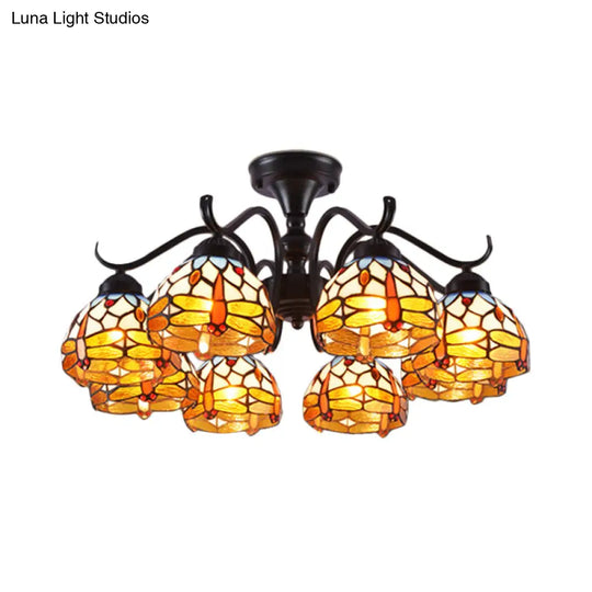 13/19.5 Dragonfly Semi-Flush Mount Ceiling Light Fixture With Cut Glass Mediterranean Design In