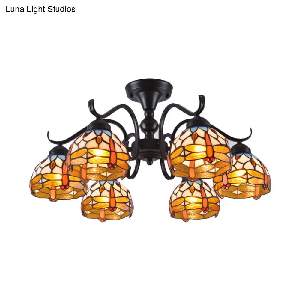 13/19.5 Dragonfly Semi-Flush Mount Ceiling Light Fixture With Cut Glass Mediterranean Design In