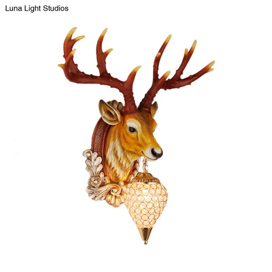 13/26 Single Resin Wall Light Fixture - Country White/Yellow/Gold Deer Head Sconce With Crystal