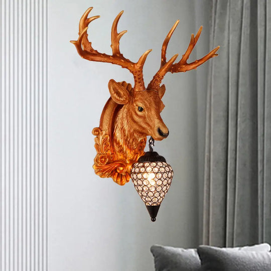 13/26 Single Resin Wall Light Fixture - Country White/Yellow/Gold Deer Head Sconce With Crystal