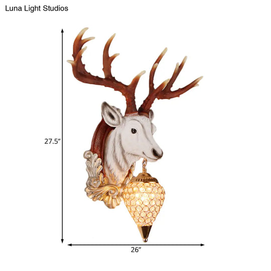 13/26 Single Resin Wall Light Fixture - Country White/Yellow/Gold Deer Head Sconce With Crystal