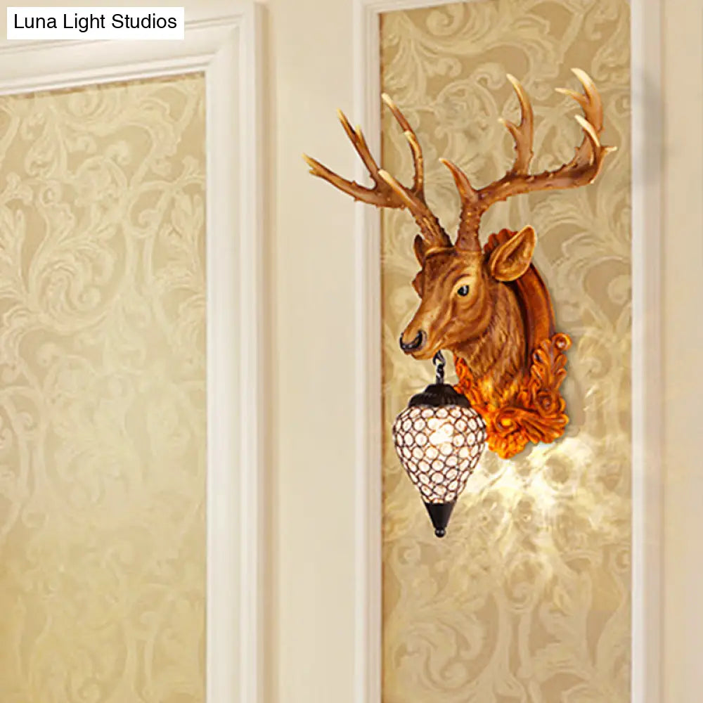 13/26 Single Resin Wall Light Fixture - Country White/Yellow/Gold Deer Head Sconce With Crystal