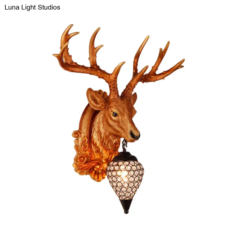 13/26 Single Resin Wall Light Fixture - Country White/Yellow/Gold Deer Head Sconce With Crystal