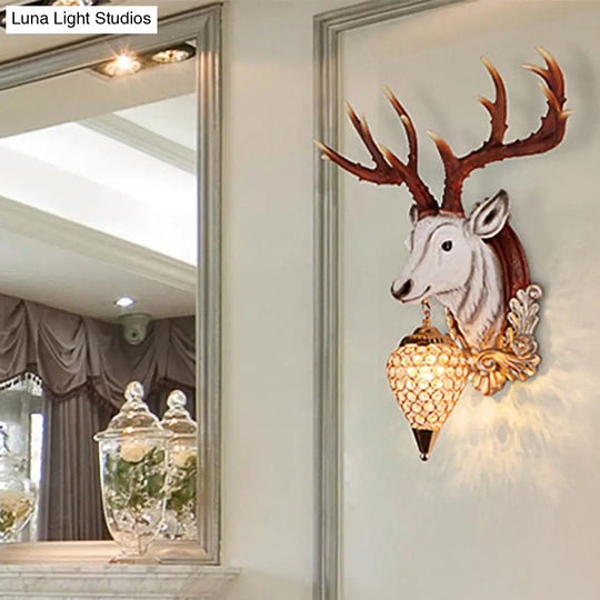 13/26 Single Resin Wall Light Fixture - Country White/Yellow/Gold Deer Head Sconce With Crystal