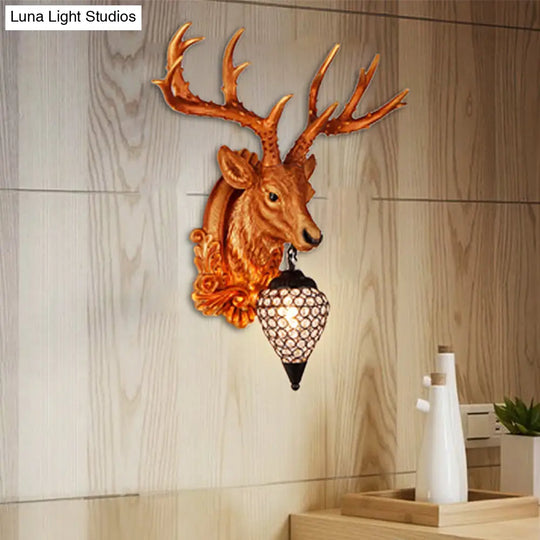 13/26 Single Resin Wall Light Fixture - Country White/Yellow/Gold Deer Head Sconce With Crystal