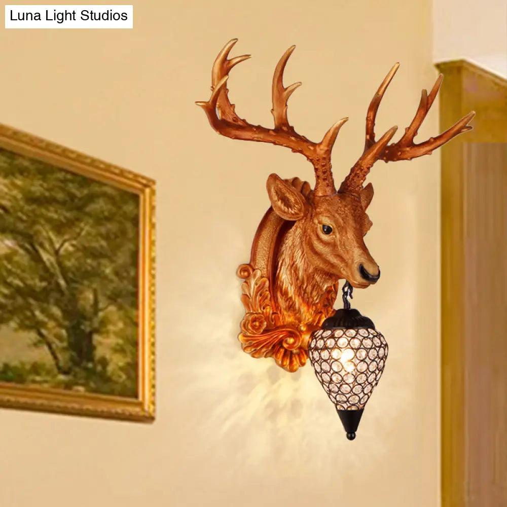 13/26 Single Resin Wall Light Fixture - Country White/Yellow/Gold Deer Head Sconce With Crystal