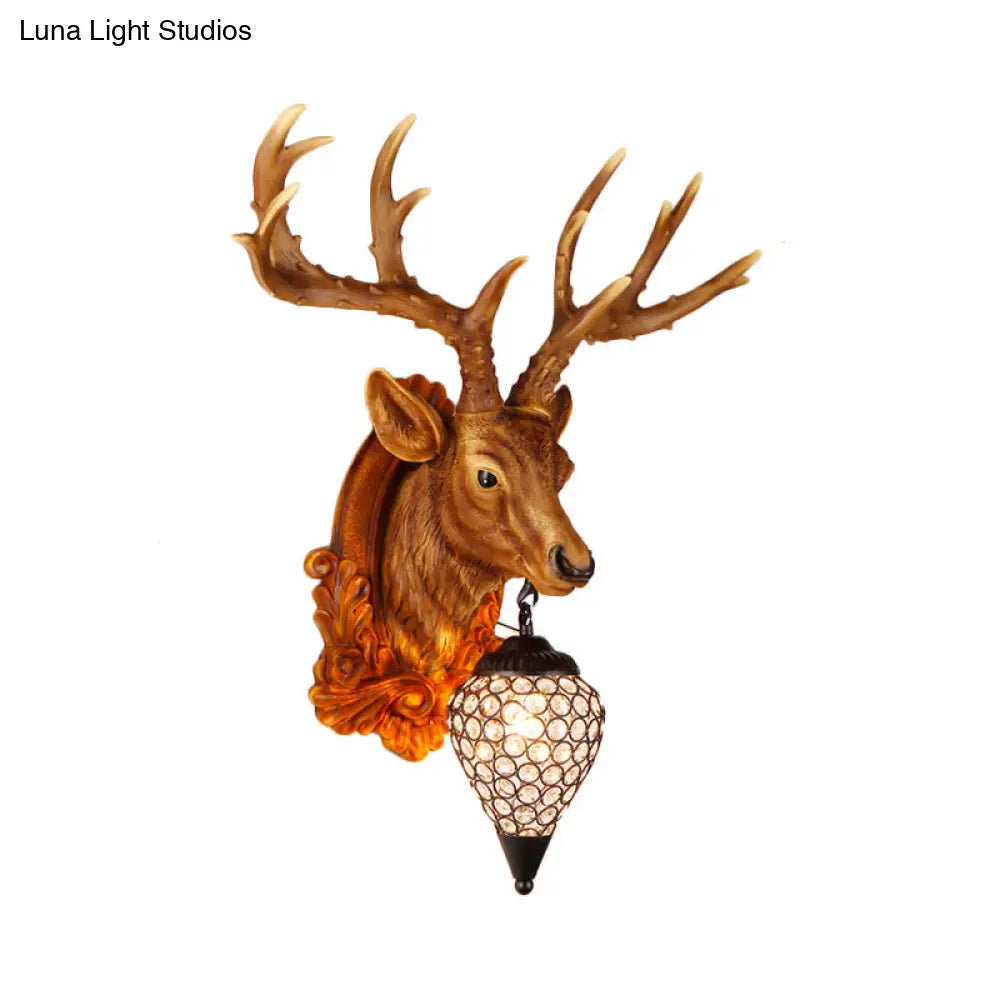 13/26 Single Resin Wall Light Fixture - Country White/Yellow/Gold Deer Head Sconce With Crystal