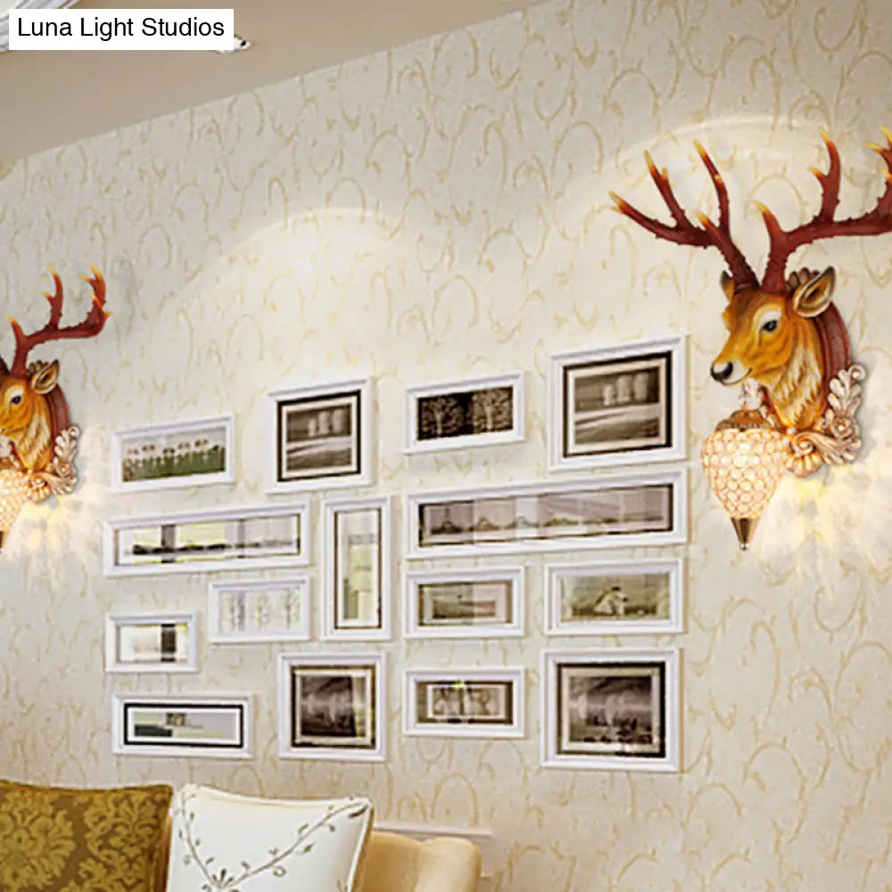 13/26 Single Resin Wall Light Fixture - Country White/Yellow/Gold Deer Head Sconce With Crystal