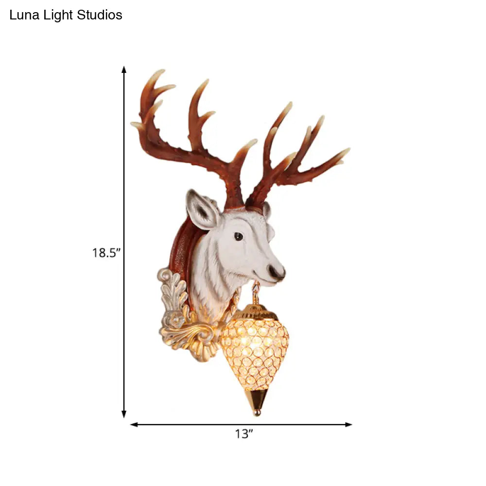 13/26 Single Resin Wall Light Fixture - Country White/Yellow/Gold Deer Head Sconce With Crystal