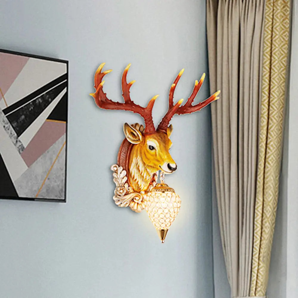 13/26 Single Resin Wall Light Fixture - Country White/Yellow/Gold Deer Head Sconce With Crystal