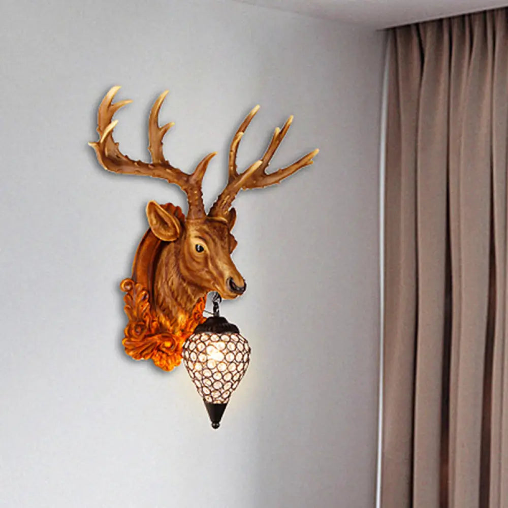 13/26 Single Resin Wall Light Fixture - Country White/Yellow/Gold Deer Head Sconce With Crystal