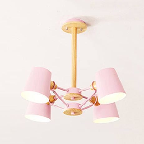 Kids Wood Chandelier: Macaron Style Hanging Fixture For Bedroom With Rod And Tapered Shade