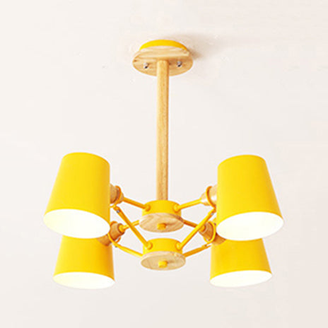 Kids Wood Chandelier: Macaron Style Hanging Fixture For Bedroom With Rod And Tapered Shade 4 /