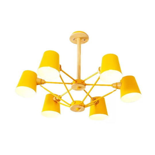 Kids Wood Chandelier: Macaron Style Hanging Fixture For Bedroom With Rod And Tapered Shade 6 /