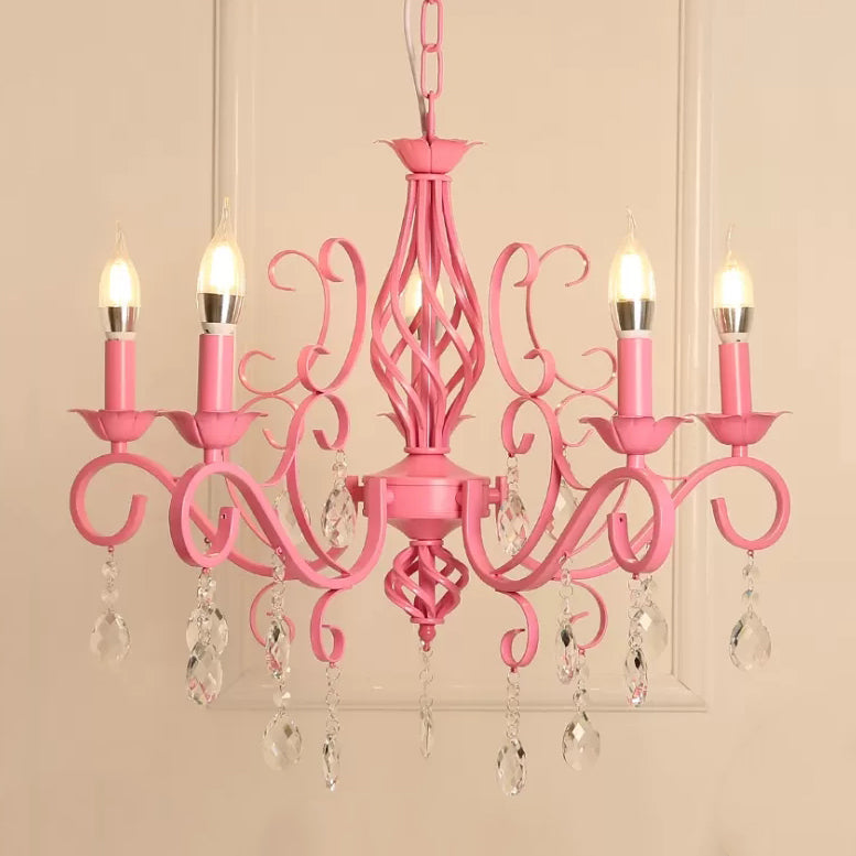 Girls Pink Bedroom Chandelier Ceiling Light With Candle And Crystal Accents - Modern Style 5 /