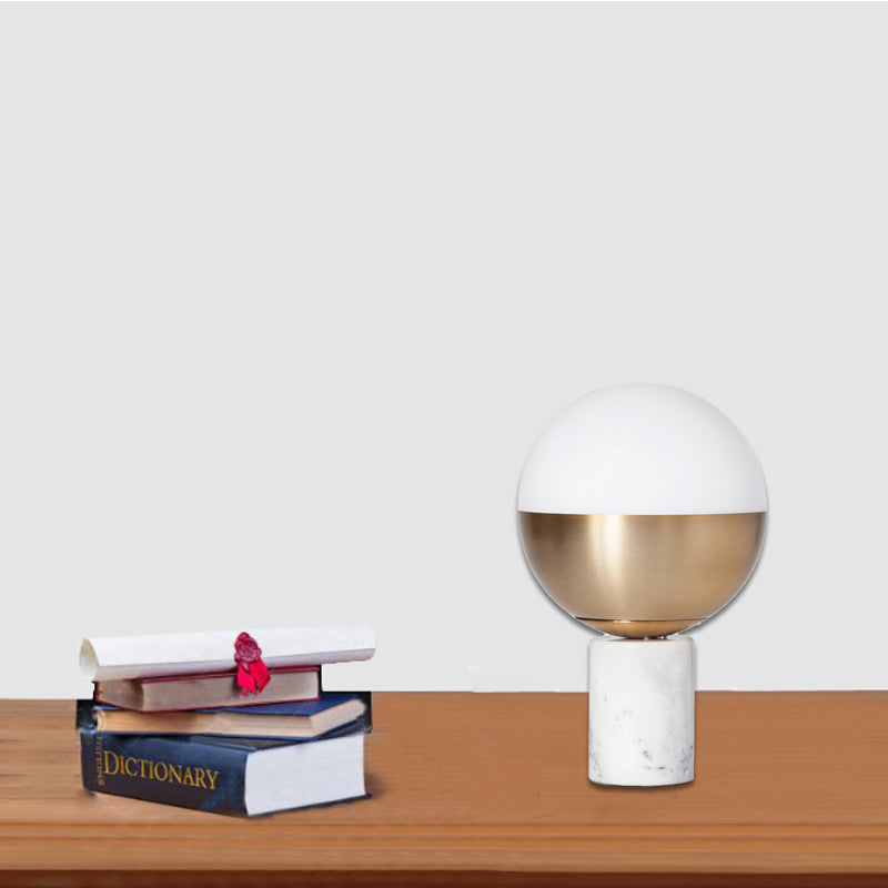 Modern Brass Orbit Table Lamp With Opal Glass Shade And Marble Base