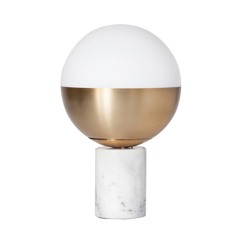 Modern Brass Orbit Table Lamp With Opal Glass Shade And Marble Base