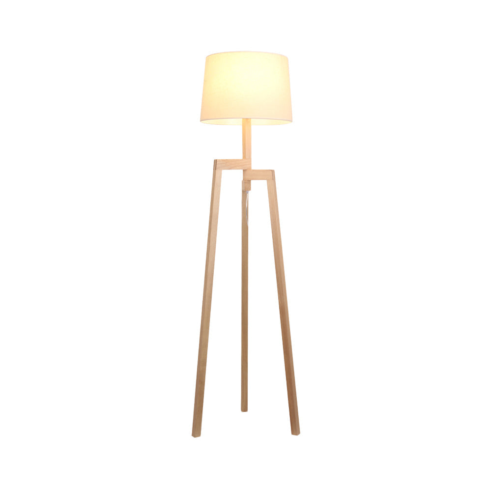 Modernistic White Reading Floor Lamp With Wooden Tripod - Elegant Fabric Standing Light