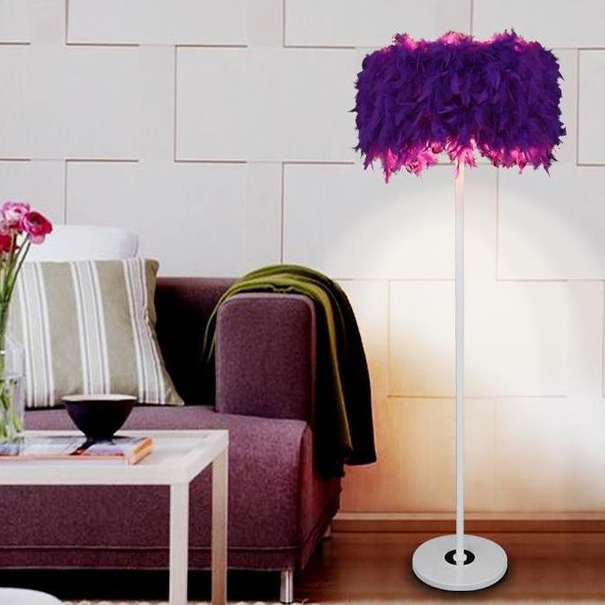 Modern 1-Light Feather Drum Shade Floor Lamp In Multi Colors For Living Room Purple