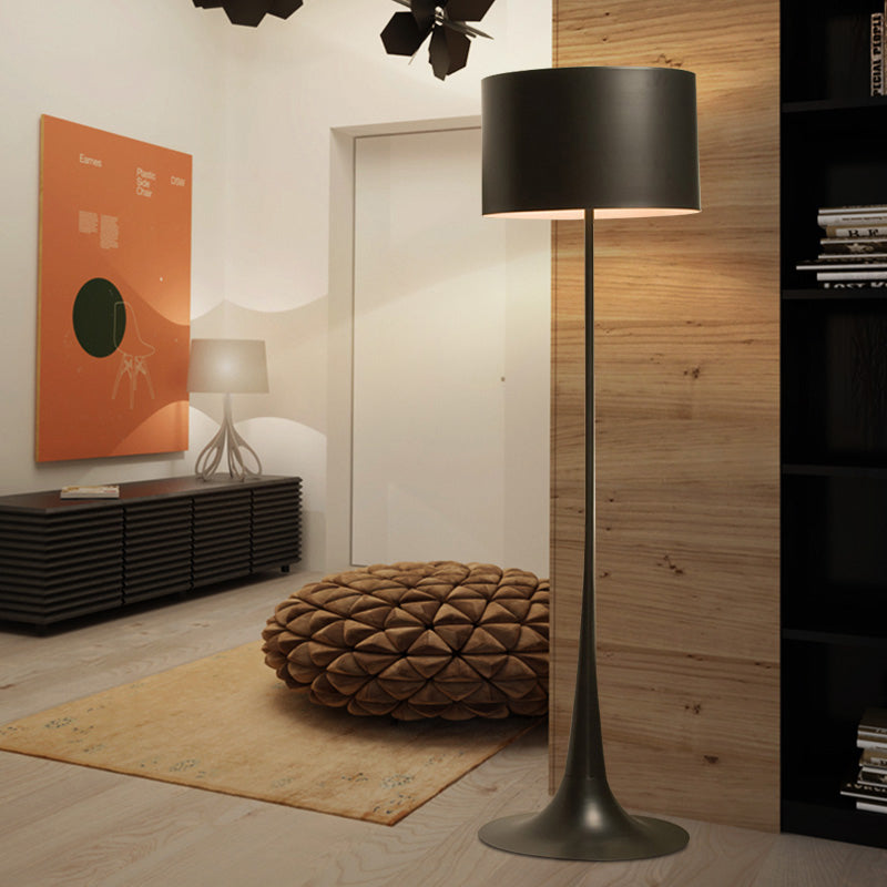 Modern Black/White Drum Shade Floor Lamp - 1-Light Aluminum Light 12/16 Width Ideal For Living Room