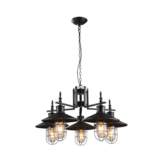 Industrial Black Clear Glass Cone Chandelier - 5-Light Pendant Fixture With Iron Cage For Dining
