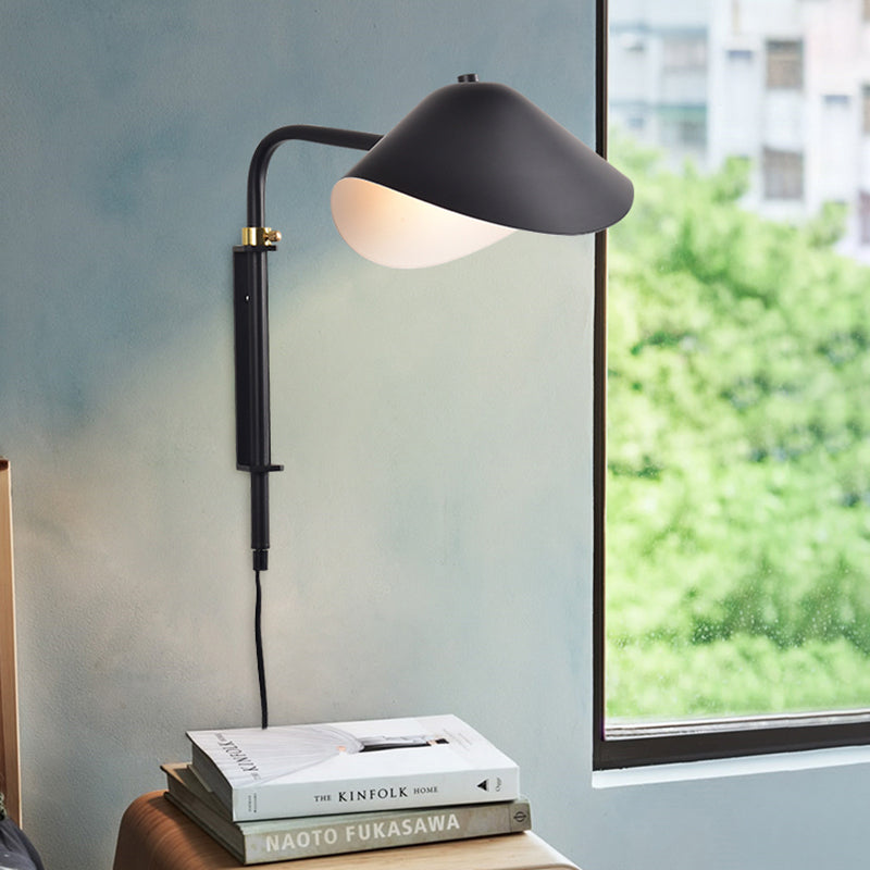 Adjustable 1-Light Living Room Sconce With Waveform Metal Shade - Black Finish