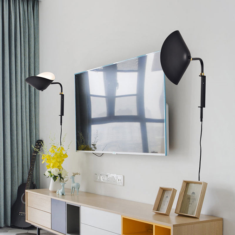 Adjustable 1-Light Living Room Sconce With Waveform Metal Shade - Black Finish