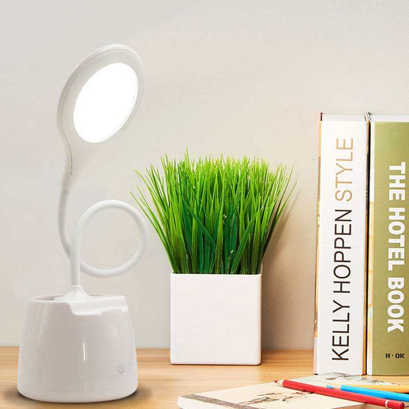 Multi-Colored Round Shade Desk Lamp With Usb Charging Led Reading Light And Pen Holder White
