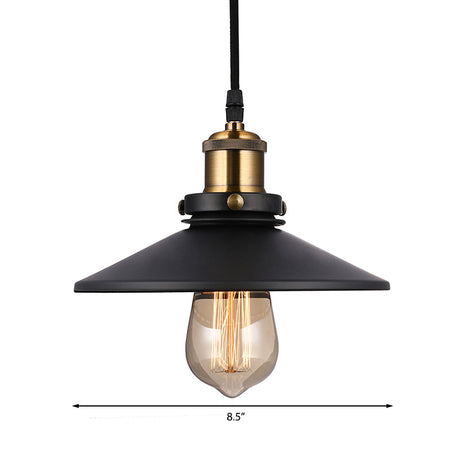 Vintage Style Metallic Black Conic Ceiling Light Fixture With Pulley - 1 Bulb Hanging Pendant For