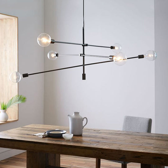 Modernist Mobile Metal Chandelier - 6-Light Black Hanging Light Fixture With Exposed Bulbs