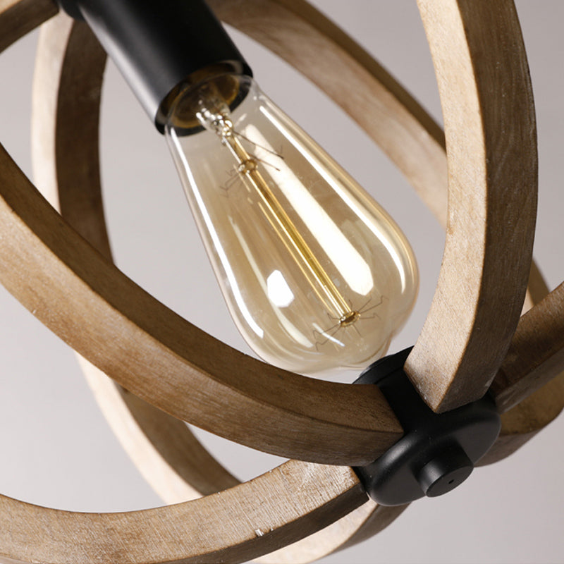 Adjustable Rustic Wood Pendant Lamp For Bedroom With Single Globe Light
