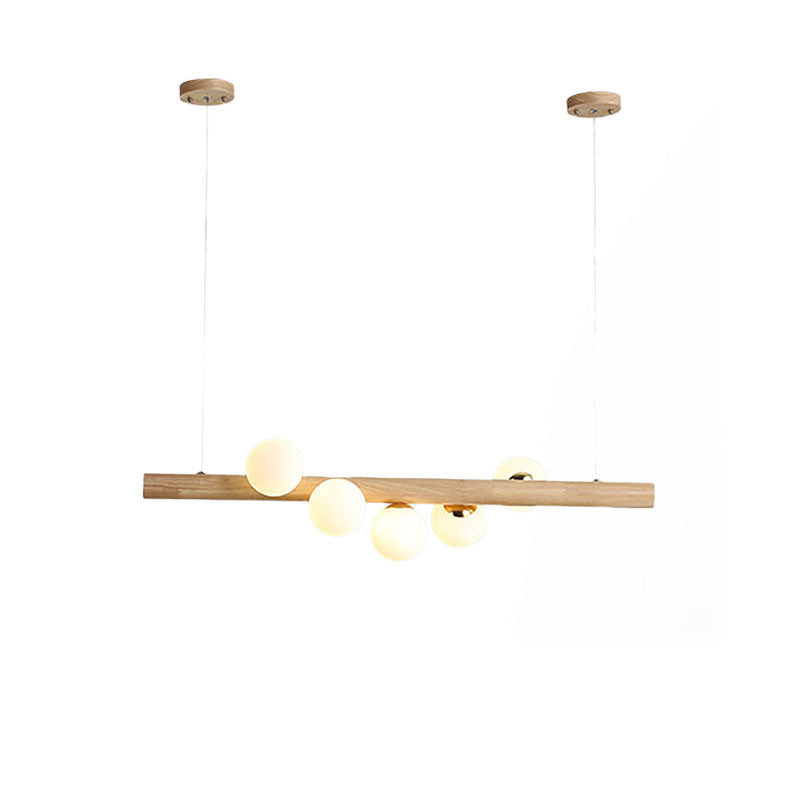 Modern Wood Island Light With Spherical Shade - Opal Glass Ceiling Lamp (5/7 Lights) For Dining Room