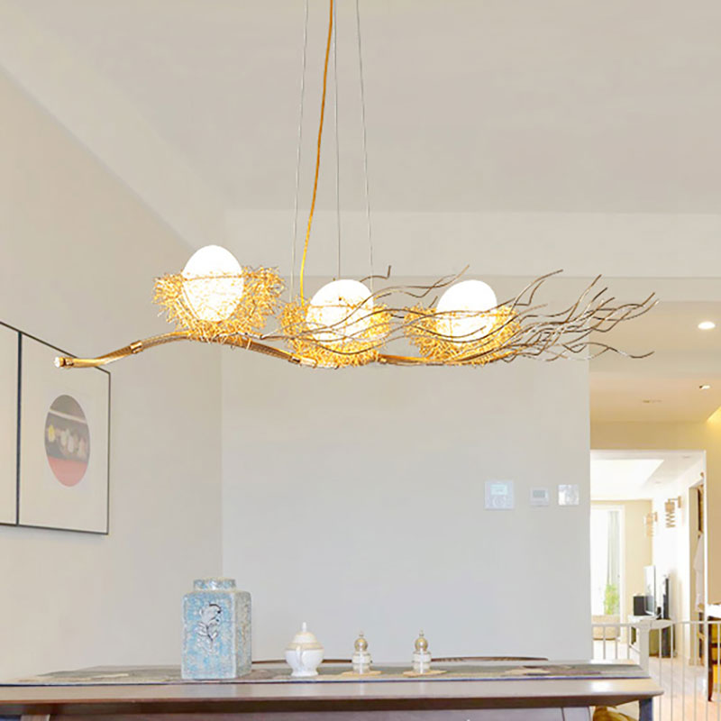 Gold Wire Mesh Bird Nest Chandelier - Modern 3-Light Island Lighting For Restaurants