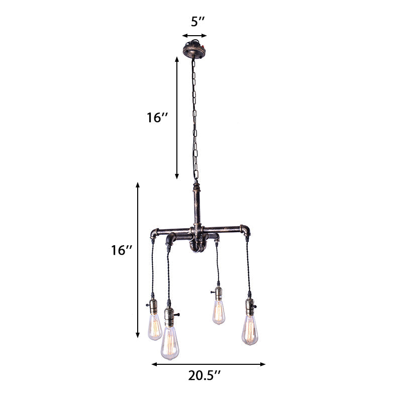 Rustic Water Pipe Ceiling Light: 4-Bulb Antique Bronze And Black Wrought Iron Chandelier