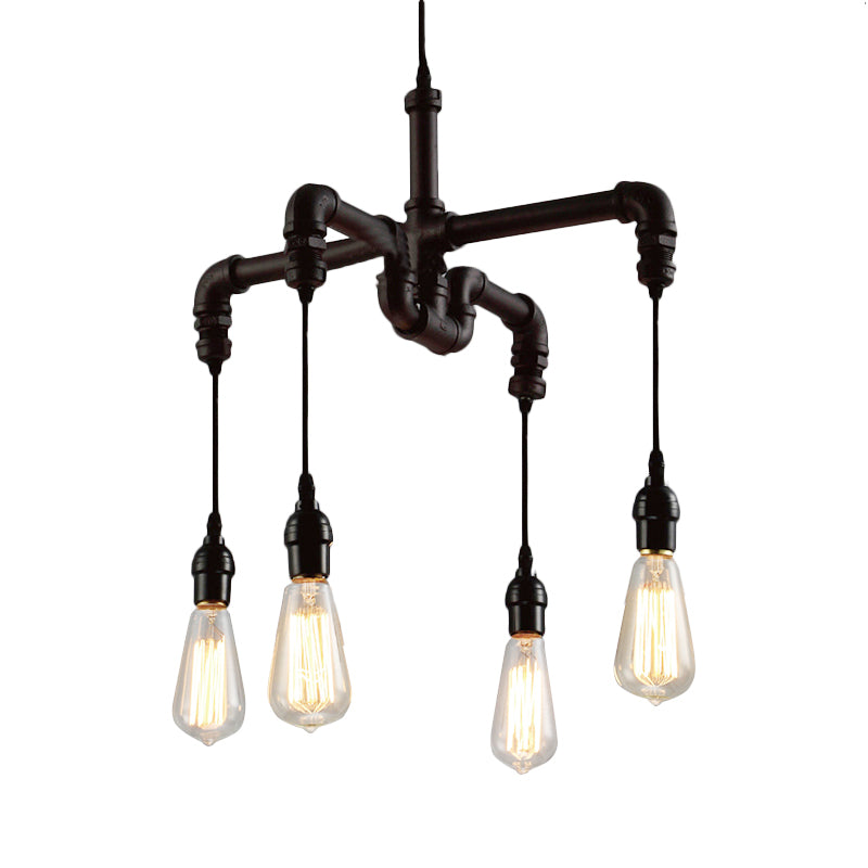 Rustic Water Pipe Ceiling Light with 4 Bulbs - Antique Bronze/Black Wrought Iron Chandelier Lamp